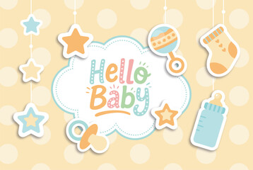 Cute baby shower illustration with pacifier milk bottle rattle and socks on pastel background