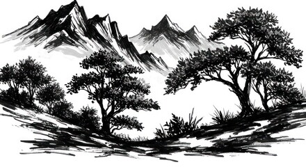 Mountain Landscape with Trees in Ink Wash