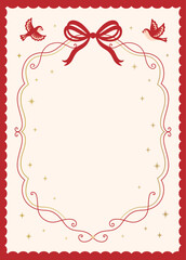 Red ribbon frame with birds and gold stars on elegant cream background