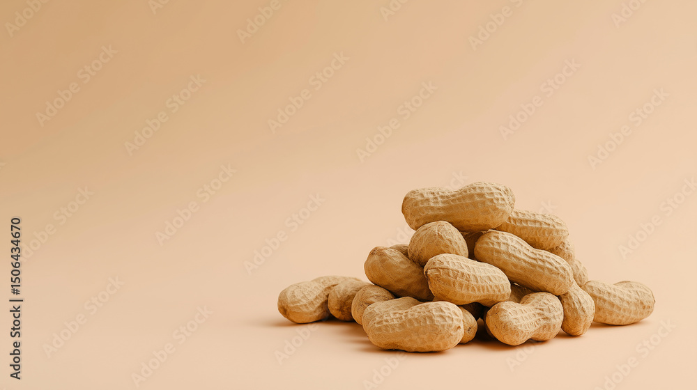 Poster scattered peanuts in shells on a beige background with copy space.