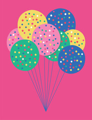 Colorful polka dot balloons cluster on bright pink background
