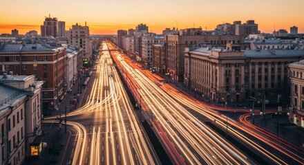Breathtaking Cityscape During Golden Hour, Featuring Vibrant Moving Traffic Lights, Warm Sunset Glow Reflecting on Skyscrapers, Busy Urban Streets, and the Dynamic Energy of a Modern Metropolis
