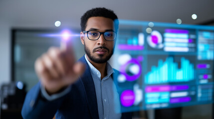 Businessman interacting with a futuristic virtual dashboard displaying digital analytics and data visualizations.
