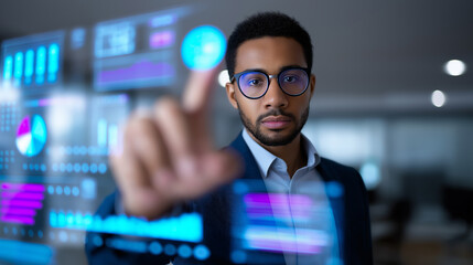 Businessman interacting with a futuristic virtual dashboard displaying digital analytics and data visualizations.
