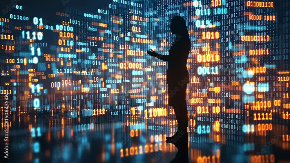 Poster cybersecurity: hacker with binary swirl