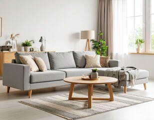 Modern gray sectional sofa in a bright living room with wooden coffee table, plants, and soft textiles.  Perfect for home decor, interior design, and real estate listings.