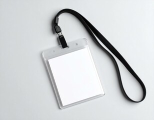 Blank ID card holder with black lanyard on a gray background. Perfect for mockups and designs.