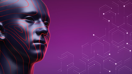 3D rendered digital human head for artificial intelligence, metacosmos and facial recognition technology on a purple background