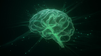 Digital rendering of a glowing green brain surrounded by neural network connections and data streams on a dark background.
