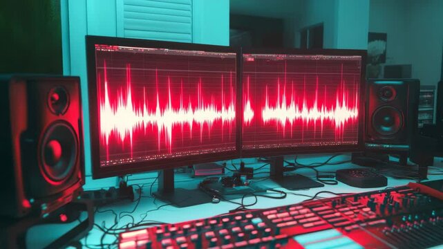 Two large monitors display vibrant red sound waves, surrounded by speakers, MIDI controllers, and mixing gear in a high-tech environment, concept of sound design and electronic music production