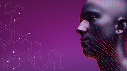 Futuristic Silhouette of a Head with Intricate Red Line Patterns against a Purple - Tech Background, Can be used for AI-related promotional productions