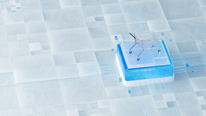 A Miniature Shopping Cart Resting on a Futuristic, Tech - Inspired Cubic Platform