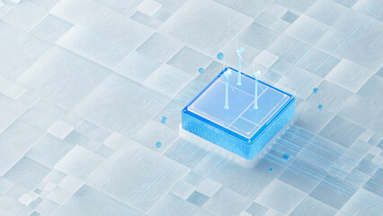 A miniature wind turbine countered on a futuristic blue-tinted chip and circuit background, suitable for green energy and AI chip scenarios
