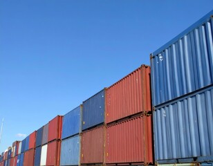 Colorful shipping containers stacked against a clear blue sky.  A vibrant image ideal for logistics, transportation, and global trade concepts.