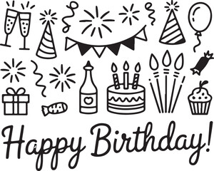 Birthday doodle icon element. Hand drawn sketch doodle birthday cake, balloon, event decoration element. Party, carnival celebration concept background. Vector illustration