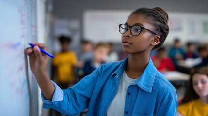 Focused girl wearing glasses writing on a whiteboard in a busy classroom environment.