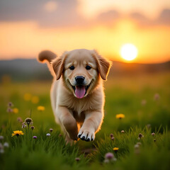 golden retriever running in the grass