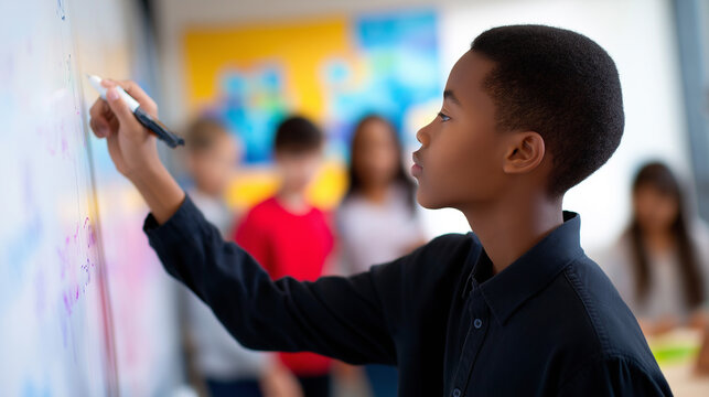 Side view of focused schoolboy writing on a whiteboard with classmates blurred in the background.  
