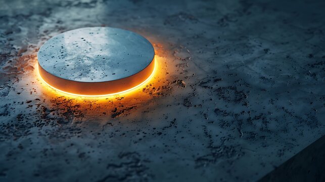 glowing disc on concrete surface, product display stage, soft light shadows, tech concept