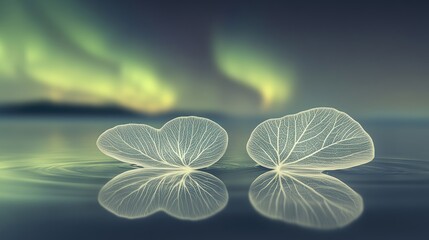 Delicate leaves resting on water, reflecting serene aurora borealis.
