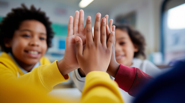 Group of smiling children giving a high five together in a bright classroom.

