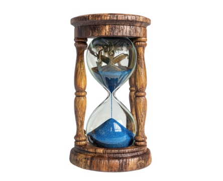 An ornate wooden hourglass with blue sand slowly draining, signifying the passage of time