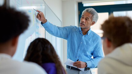 Experienced teacher pointing to a whiteboard while explaining a concept to engaged high school students.  

