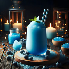 a glass of blue slushy with blue berry