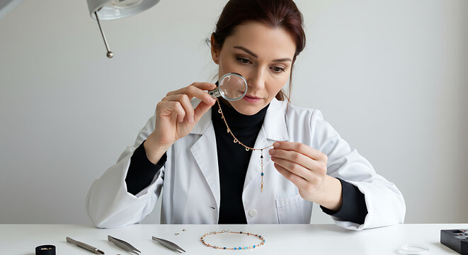 Focused jeweler inspecting delicate gold necklace with magnifying glass
