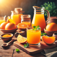 Fresh orange juice with fruits in a healthy and colorful still life