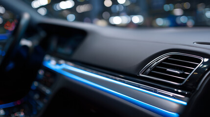 Modern car interior ventilation system with blue ambient lighting, showcasing luxury and design.
