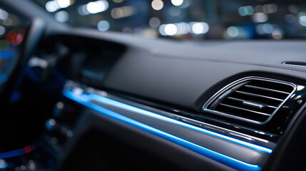 Modern car interior ventilation system with blue ambient lighting, showcasing luxury and design.
