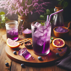 a glass of purple grape soda with ice