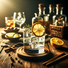 Glass of gin tonic with lemon and spices on wood table