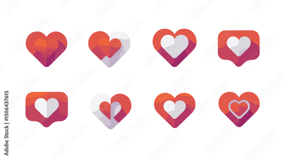 Poster vector collection of eight stylized heart icons with varying designs and arrangements displayed toge