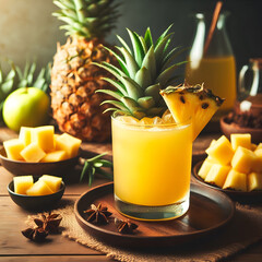 Fresh tropical pineapple juice with assorted fruits in a glass