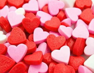 Obraz premium Pile of red and pink heart-shaped candies, perfect for Valentine's Day or romantic themed projects.