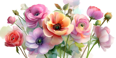 Stunning Watercolor Floral Bouquet Pastel Roses Ranunculus and Anemones