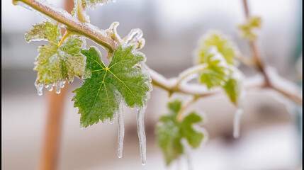 Fototapeta premium Grape vine leaves covered in ice after spring frost, highlighting agricultural vulnerability to weather extremes. 
