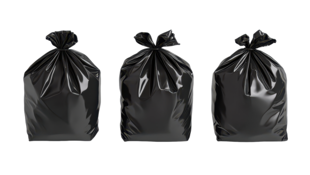 Three black plastic trash bags, tied at the top, shown against a black background, varying slightly in fullness