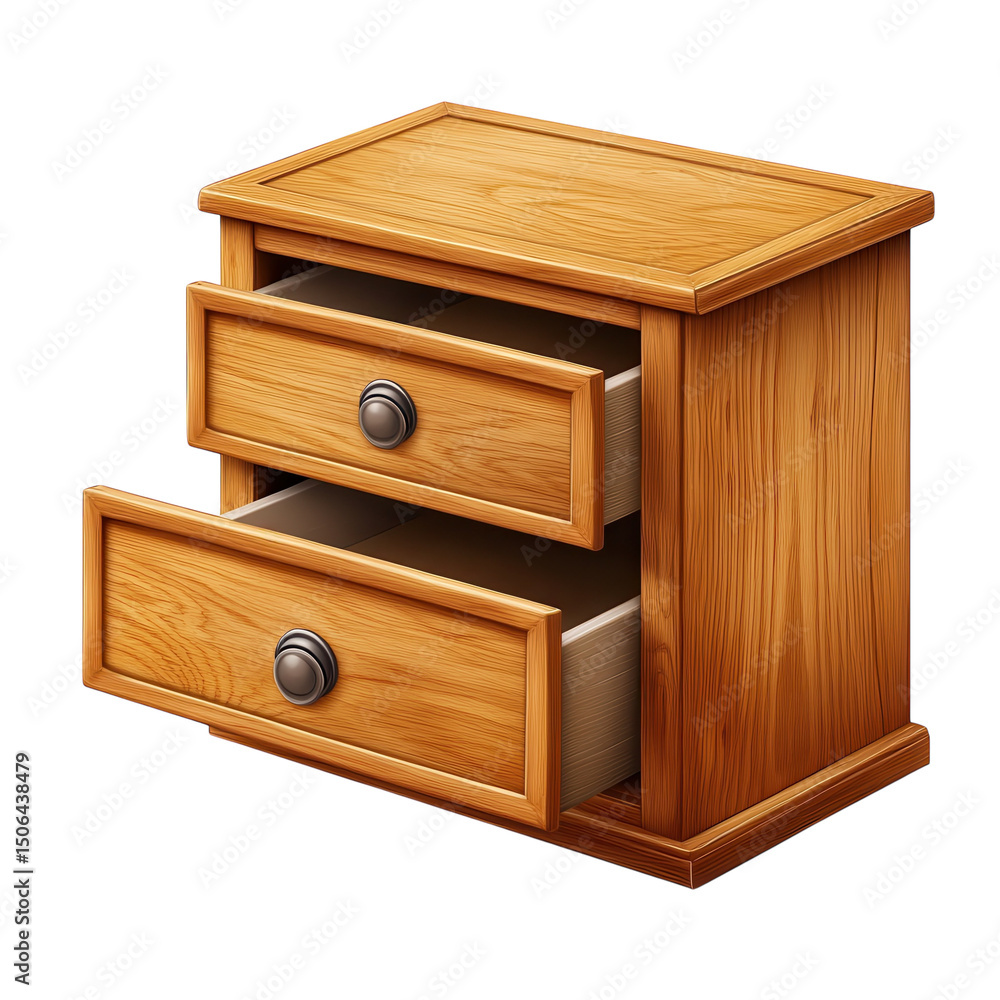 Poster unveiling an oak bedside table with gently open drawers ready for storage on transparent background