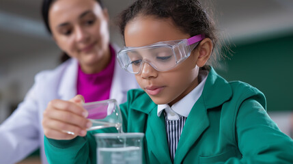 A young African American girl in safety goggles conducts a science experiment with a teacher, pouring liquid into a beaker.