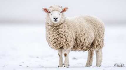 Fototapeta premium A fluffy sheep standing in a snow covered field looking forward