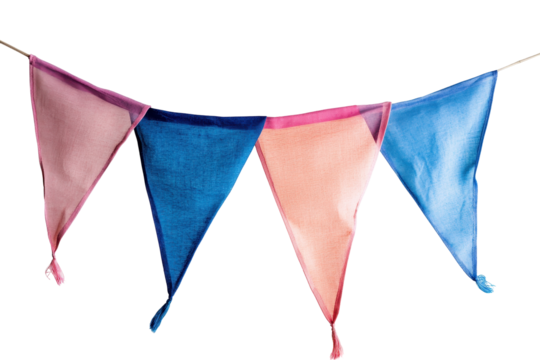 Pastel bunting flags strung on twine, showcasing pink and blue hues in a triangular design