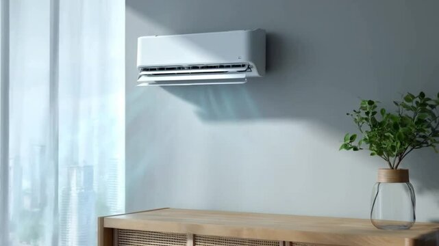 minimalist living room with flowing air conditioner breeze in slow motion