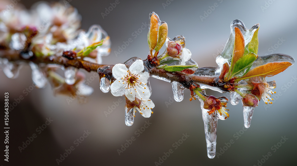 Poster frozen spring blossoms covered in ice after unexpected frost on a flowering tree branch.