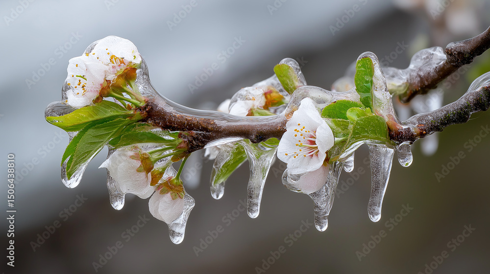 Poster frozen spring blossoms covered in ice after unexpected frost on a flowering tree branch.