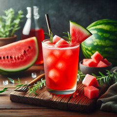 Fresh red watermelon juice in a glass with a ripe green watermelon slice, a healthy fruit drink for diet and refreshment