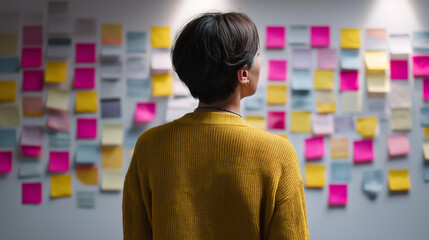 Man standing in front of wall covered with colorful sticky notes, representing planning and brainstorming.
