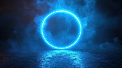 The enigmatic neon circle glows with power shimmering with otherworldly energy against a dark smoky dreamlike backdrop